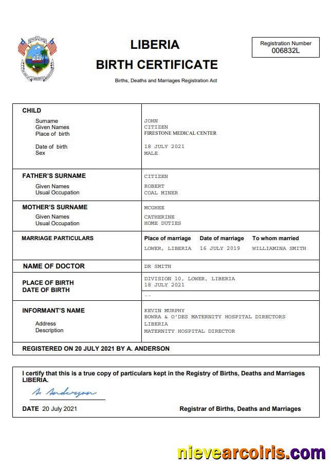 Liberia vital record birth certificate